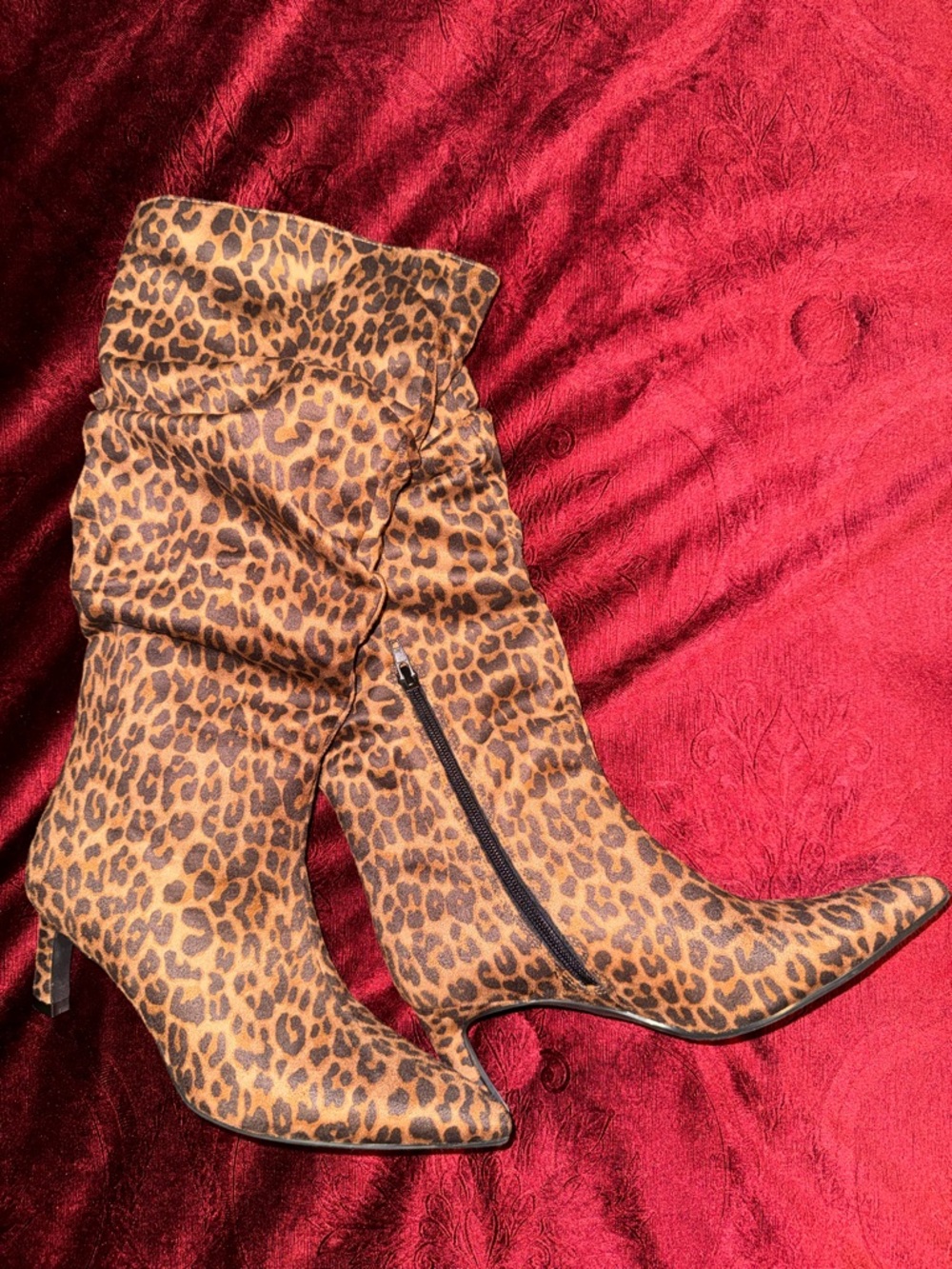 Time and Tru Leopard-Print Mid-Calf Pointed Toe Kitten Heel Boots - Brown/Black
